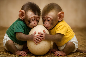 Two Baby Monkeys Hugging a Giant Egg, Wearing Green and Yellow Shirts