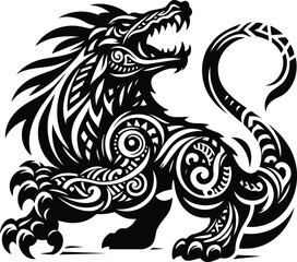 A menacing mythological creature silhouette with tribal patterns
