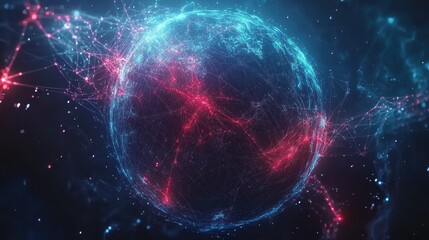 Obraz premium Abstract digital background featuring a glowing Earth with interconnected nodes, representing the internet, blockchain technology, and global data exchange, high-tech business and communication theme.