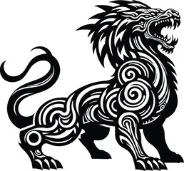 Isolated vector silhouette of Ammit creature with tribal art patterns and dynamic pose