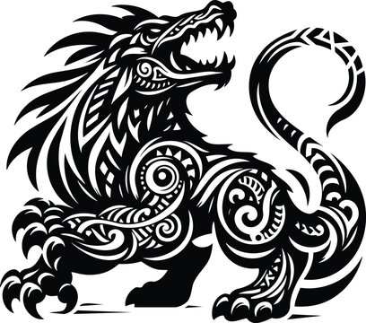 A menacing mythological creature silhouette with tribal patterns
