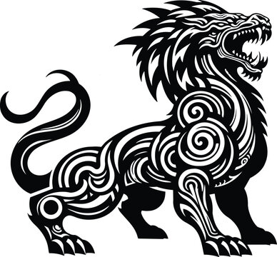 Isolated vector silhouette of Ammit creature with tribal art patterns and dynamic pose