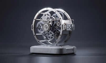 A futuristic clock design shows spinning gears within a sleek metallic frame in a dark background.