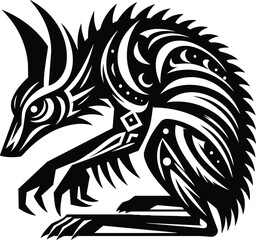 Black and white isolated chupacabra monster silhouette with tribal art patterns