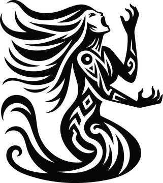 Black and white isolated tribal banshee wailing vector silhouette with geometric patterns