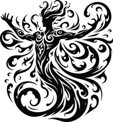 Black and white vector silhouette of a djinn with tribal patterns summoning energy
