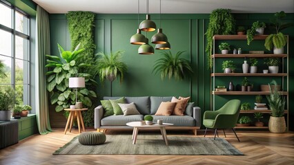 Fototapeta premium Cozy Living Room With Green Walls And Plants On The Wall, calming atmosphere