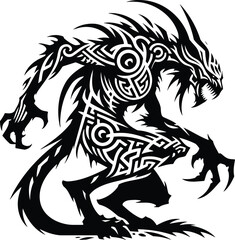 Black and white Draugr silhouette symbol with tribal patterns