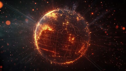 Obraz premium Abstract digital background featuring a glowing Earth with interconnected nodes, representing the internet, blockchain technology, and global data exchange, high-tech business and communication theme.
