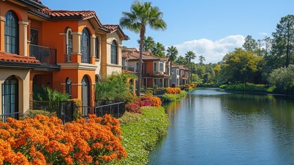 Colorful homes bordering a tranquil waterfront canal.
