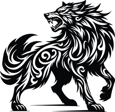Black and white vector silhouette of fenrir mythological wolf snarling pose tribal art raw power