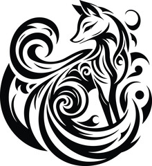 Dynamic kitsune fox silhouette vector with swirling tails and tribal patterns