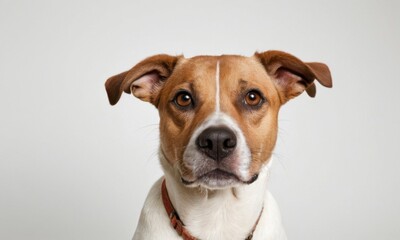A brown and white dog wearing a bright red collar, ready for an adventure