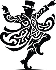 Black and white isolated leprechaun silhouette dancing a jig with subtle tribal patterns