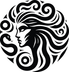 Black and white Medusa silhouette vector with serpentine hair