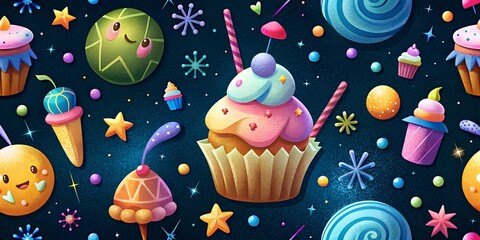 Delicious Fantasy: An eye-catching array of tasty cupcakes, candies, and other sweets float on a night sky with a joyful mood.