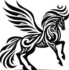 Fototapeta premium Isolated black and white Pegasus vector silhouette with tribal patterns majestic illustration