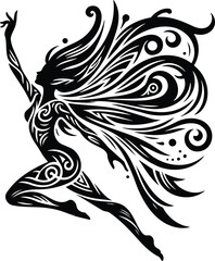 Black and white vector silhouette of a mythological pixie with tribal wing detail