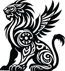 Black and white isolated tribal art mythological creature silhouette vector with geometric details