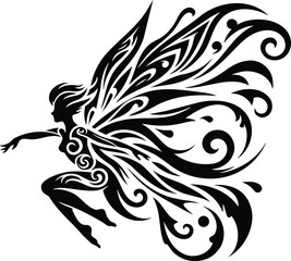 Isolated black and white vector silhouette of a mythical pixie in mid flight with tribal art and modern illustration details