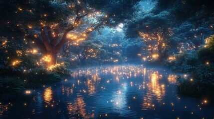 Naklejka premium Enchanted forest pond at night, illuminated by glowing lights.