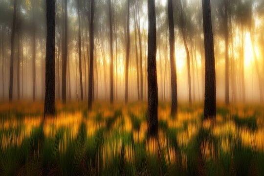 Misty forest at sunrise, golden light filtering through tall trees  Golden grass and soft light fill the hazy atmosphere