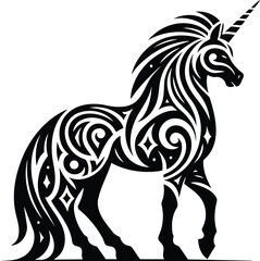 Black and white unicorn silhouette vector symbol with tribal art