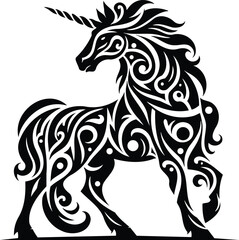 Majestic unicorn black and white silhouette with tribal art patterns