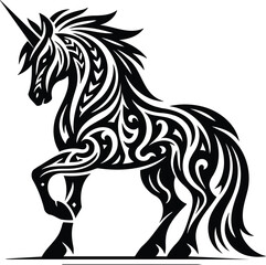 Elegant black and white unicorn silhouette with intricate tribal details