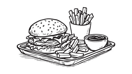 French Fries with Ketchup and Mayonnaise Fast Food line art style