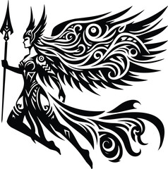 Valkyrie silhouette with spear wings and tribal details