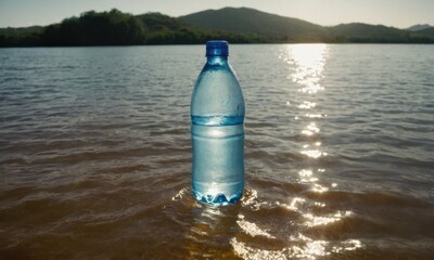 A single bottle of water sits alone on the calm surface of a lake
