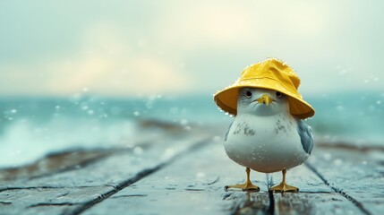 M&ouml;we mit gelbem S&uuml;dwester auf nassem Steg an der Ostsee im leichten Regen