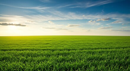 Fototapeta premium Green Field Under Blue Sky at Sunset Natural Landscape