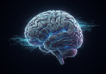 Obraz premium Digital Brain: Glowing Neural Network in Dark Space