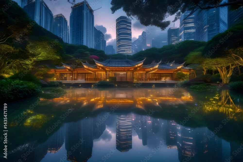 Aufkleber 夜の池に映る中国風建築の光と反射 庭園と都会の静寂な風景 高層ビルと木々のシルエット