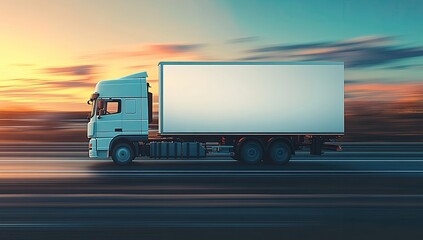 White delivery truck speeding on highway at sunset