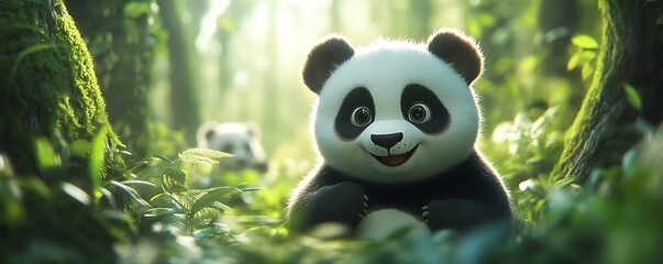 Fototapeta premium Cute Panda Cub in Lush Forest