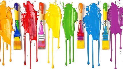 Vibrant array of paint brushes arranged in a row, saturated color palette