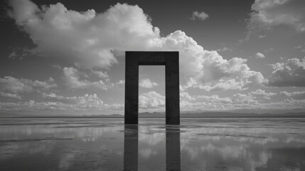 A black and white photograph of a large, dark-colored rectangular structure in the middle of a body of water.