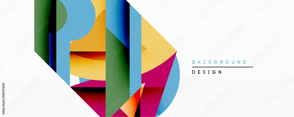 Poster Abstract geometric composition. Overlapping colorful shapes create dynamic visual effect. Modern design suitable for backgrounds, banners, presentations. Bright hues dominate.