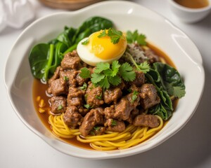 This image features a bowl of Taiwanese beef noodles, which are a staple in many Asian cuisines. The noodles appear to be light and slightly chewy, with a rich, brown broth that suggests a savory flav