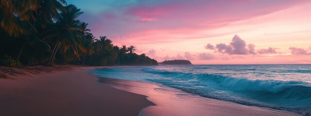 Serene beach at sunset with gentle waves and palm trees.