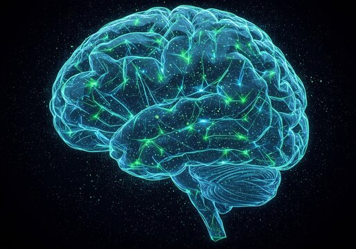 Glowing Blue And Green Brain Neural Network Abstract Digital Art