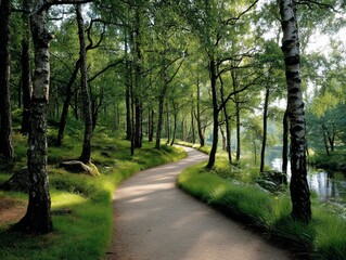 Forest path winds through birch grove near stream