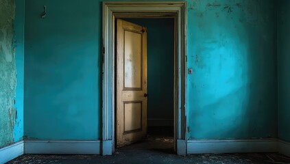 Ajar door in a teal-walled, dilapidated room