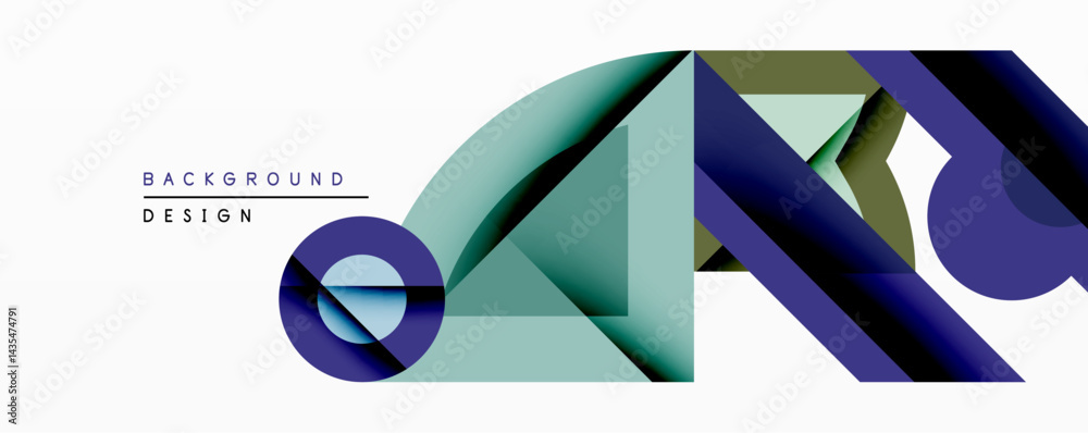Poster abstract geometric composition. overlapping shapes create dynamic visual effect. blue, green, gray t