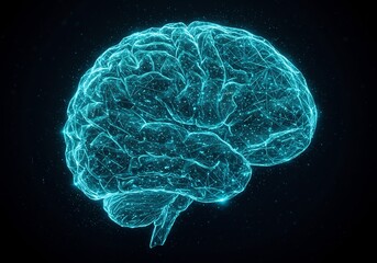 Glowing Cyan Human Brain Digital Rendering