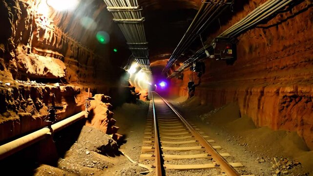 Illuminated underground tunnel with rail tracks, red rock walls and overhead cables in mining site

