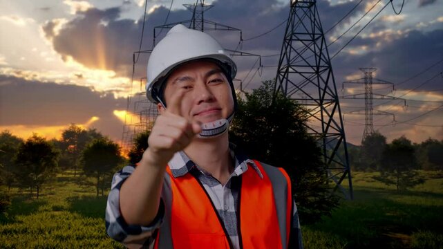 Close Up Of Asian Male Engineer With Safety Helmet Smiling And Touching His Chest Then Pointing At You While Standing near High voltage tower